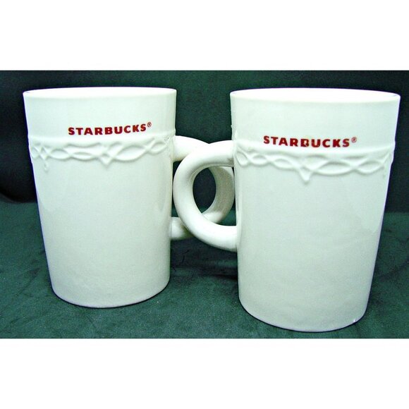Set of Starbucks 2010 Embossed Lace 10 oz Coffee Tea Mugs Cups White Red Set 2 - Picture 3 of 9